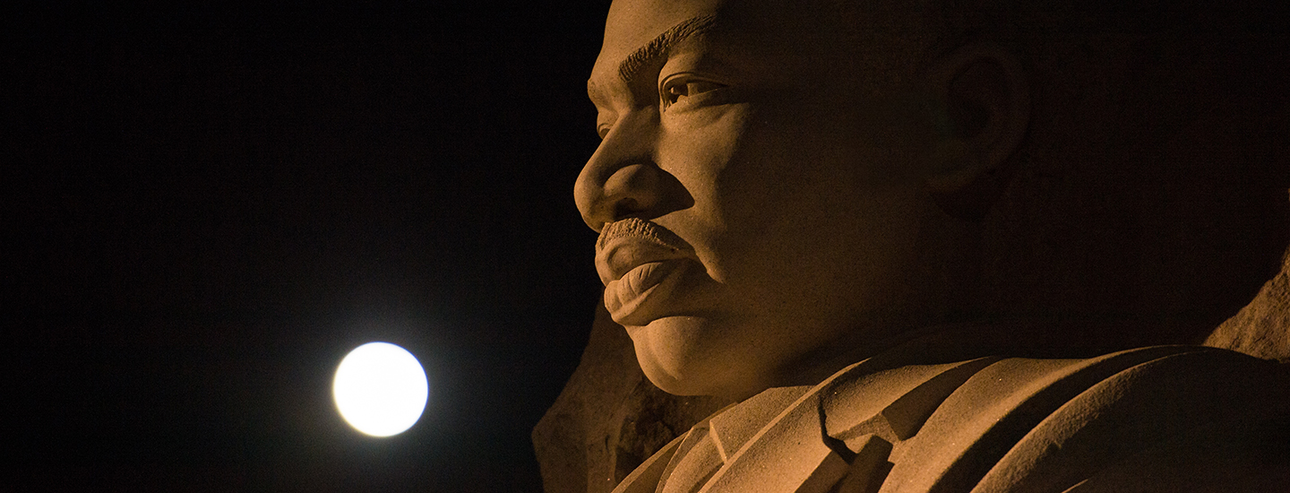 The moon, or supermoon, is seen as it sets over the Martin Luther King Jr. Memorial on Monday, Nov. 14, 2016. A supermoon occurs when the moon’s orbit is closest (perigee) to Earth. Early Monday morning, the moon was the closest it has been to Earth since 1948 and it appeared 30 percent brighter and 14 percent bigger than the average monthly full moon. Photo Credit: (NASA/Aubrey Gemignani)